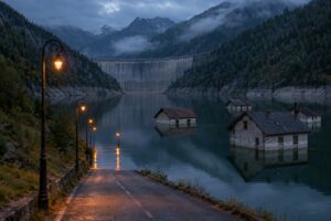 Streetlights running down a road into a still Alpine reservoir with drowned houses and a huge concrete dam behind, evoking The Returned (Les Revenants)