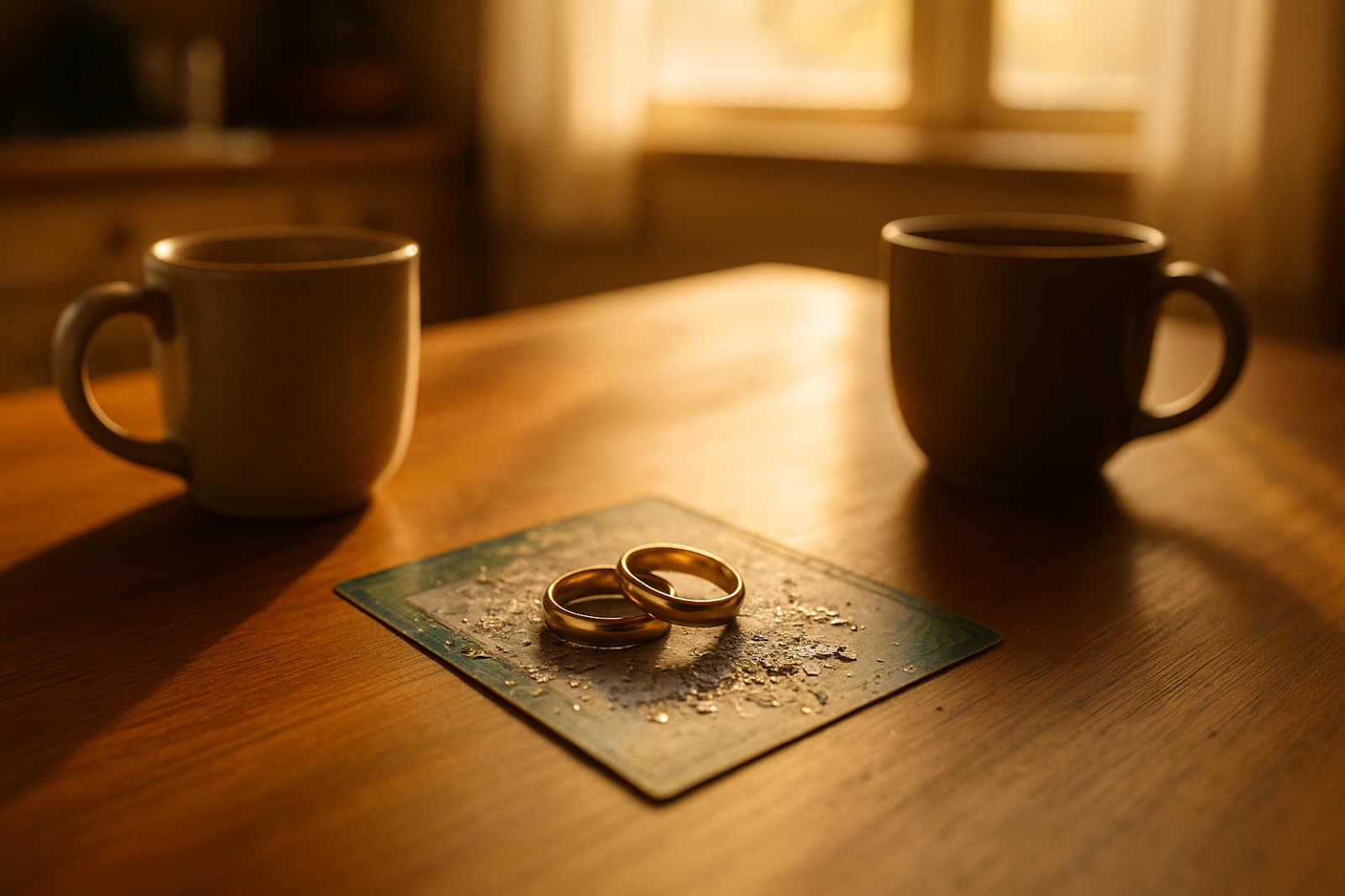Two gold wedding rings resting on a scratched-off lottery ticket on a kitchen table in morning light