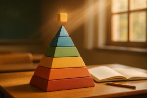 Maslow's hierarchy of needs pyramid of colored wooden blocks with a glowing block floating above the top