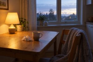 A kitchen table with a lamp still on, a cold mug of tea and a blanket on the chair, as first light shows in the window