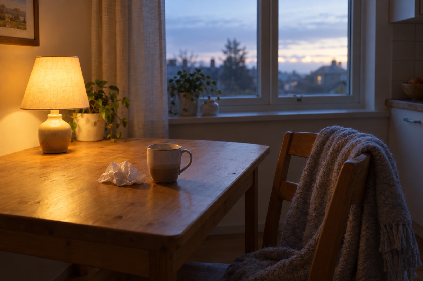 A kitchen table with a lamp still on, a cold mug of tea and a blanket on the chair, as first light shows in the window