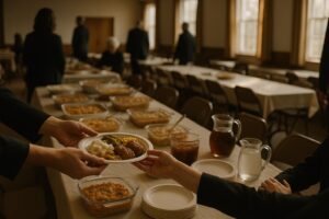 A repast after a funeral: long tables of home-cooked dishes in a church hall, with a plate of food being passed from one person to another