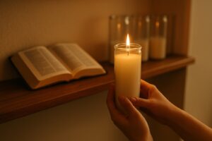 Hands holding a lit tall glass saint prayer candle beside an open Bible on a home prayer shelf