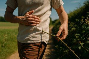 A thorny bramble stem catching at a person's side on a sunny countryside path