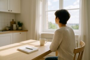 A person sitting at a bright kitchen table with an unopened notebook and pen, looking out of the window at the sky, waiting for the right time to start