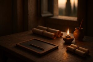 A Roman writing desk at dusk with a blank wax tablet, stylus, rolled scrolls and a lit oil lamp