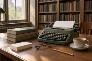 A 1970s library study desk in warm daylight with a manual typewriter, blank paper, a stack of plain cloth-bound journals and index cards