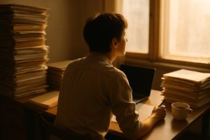 A tired worker at a desk piled with paperwork pauses and looks out a sunlit window