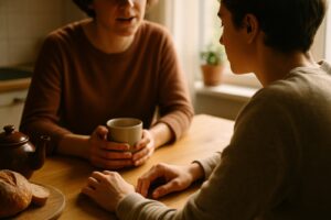 Two friends at a kitchen table in morning light, one listening closely as the other talks over a mug of tea
