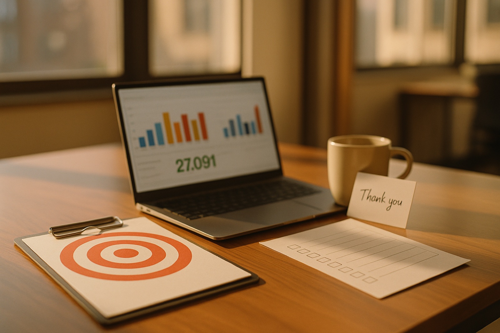 Office desk with a laptop showing performance charts and a target number, a bullseye clipboard and a thank-you card, illustrating Goodhart's law