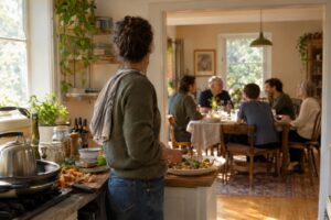 A person pauses over a serving dish in a sunlit kitchen while their family sits talking around the dining table in the next room