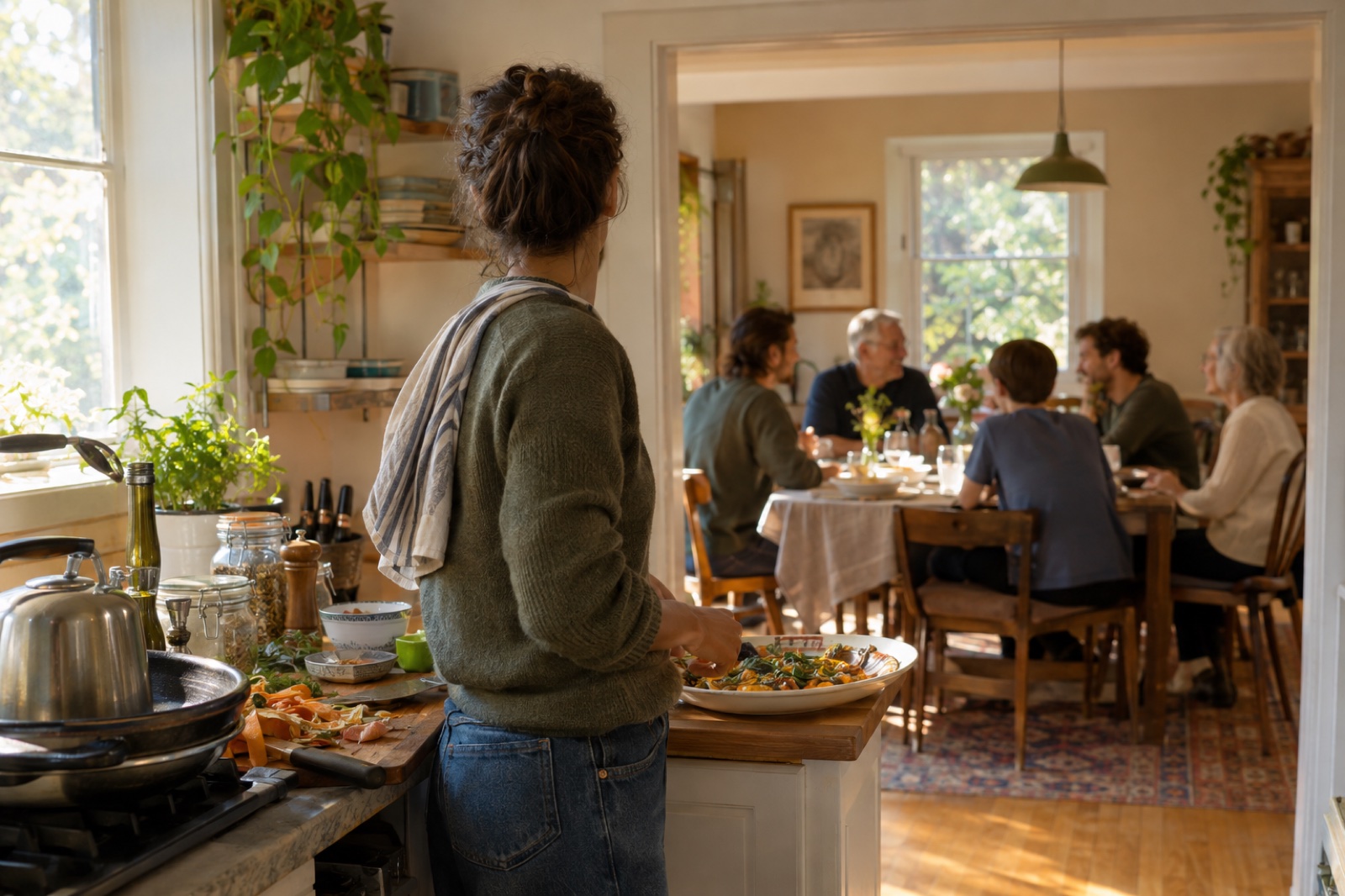 A person pauses over a serving dish in a sunlit kitchen while their family sits talking around the dining table in the next room